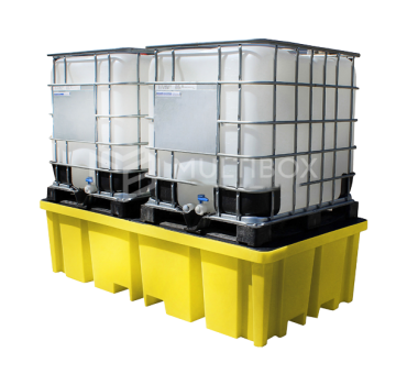 Heavy-duty plastic spill pallet (2340×1225×610 mm) made from 100% polyethylene, designed to safely store drums and contain up to 1150 L of spills. Ideal for industrial chemical storage and leak prevention.