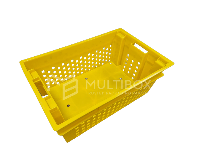 48L HDPE/PP vegetable crate, 585 × 385 × 210 mm, with full ventilation for freshness.