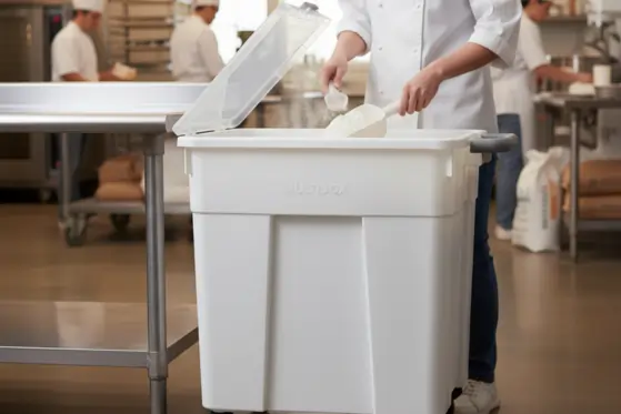 A heavy-duty white commercial ingredient bin on wheels filled with flour in a professional bakery setting.