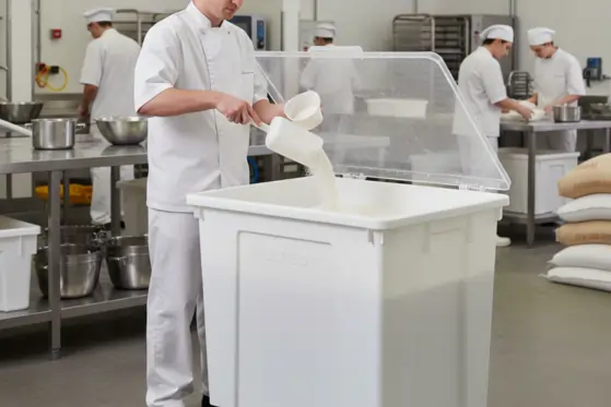 A professional chef in white uniform pouring dry ingredients into a large white plastic commercial ingredient bin with a transparent lid on wheels.