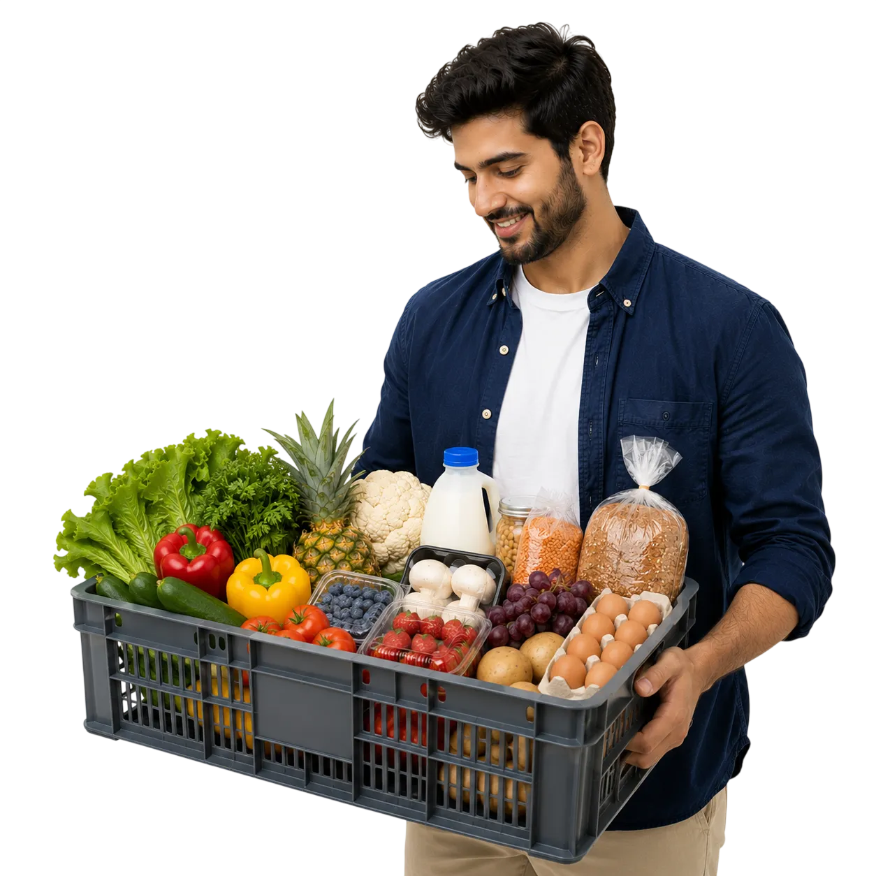 Smiling man holding a crate filled with fresh groceries including vegetables, fruits, eggs, bread, milk, and berries, isolated on a black background.