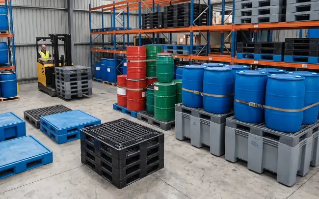 Industrial warehouse with blue and green chemical drums stored on drum pallets plastic spill containment platforms.