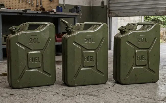 Three green jerry cans 20 liter metal fuel storage containers in a workshop