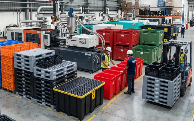 products manufacturers in Dubai producing industrial plastic crates, pallets, and storage bins in a modern factory.