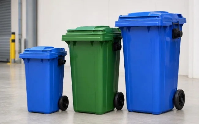 Three blue and green commercial-grade plastic waste bins in small, medium, and large sizes arranged on a clean industrial floor.