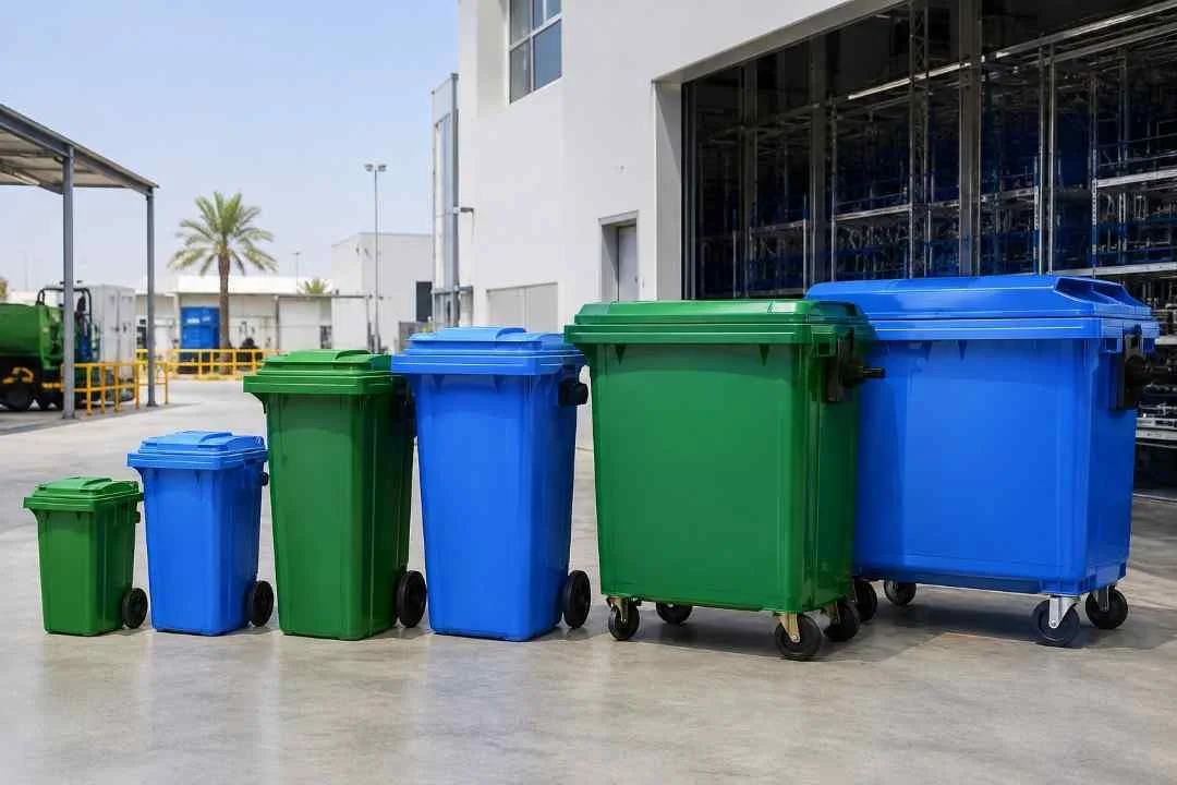 A row of blue and green commercial-grade HDPE waste bins in different sizes arranged at a clean industrial waste management facility.