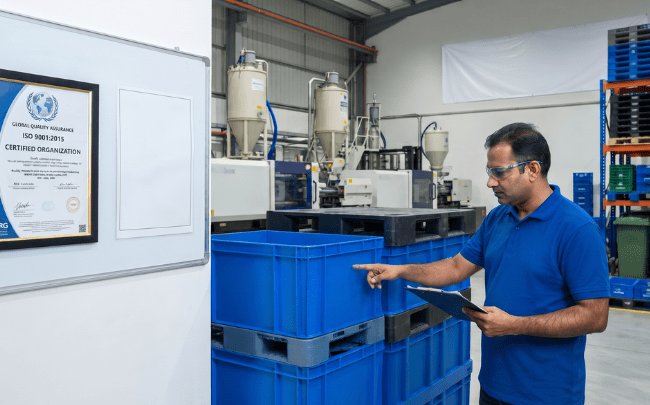 Employee inspecting blue plastic bins next to an ISO quality certification plaque inside Emirates Plastic Industries factory.