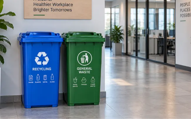 Blue and green plastic dustbins for recycling and general waste placed side by side in a modern office corridor